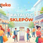 Uśmiechnięta kobieta z torbami i zakupami, radosne tło z produktami. U góry logo Sklepoteka. Napis Katalog Sklepów z podtytułem.
