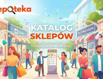 Uśmiechnięta kobieta z torbami i zakupami, radosne tło z produktami. U góry logo Sklepoteka. Napis Katalog Sklepów z podtytułem.