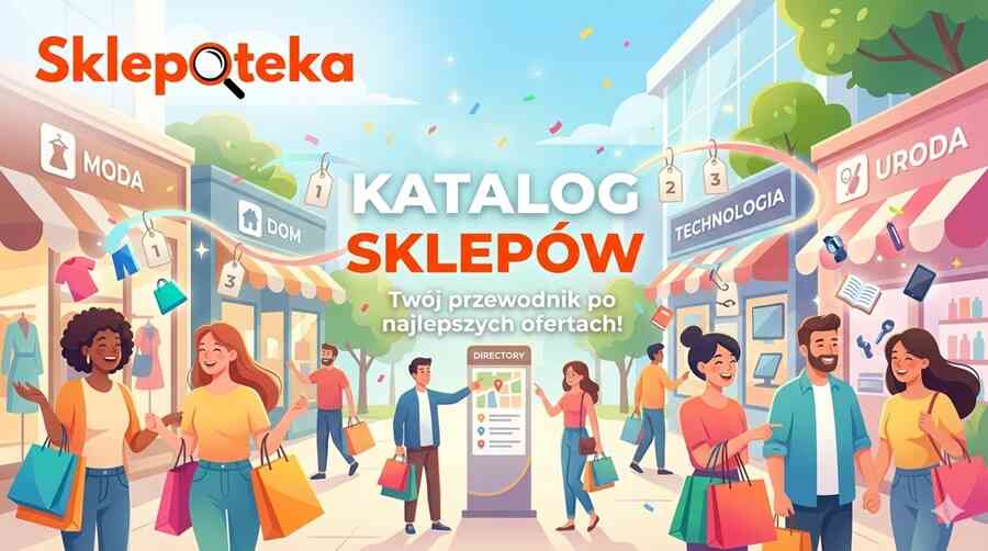 Uśmiechnięta kobieta z torbami i zakupami, radosne tło z produktami. U góry logo Sklepoteka. Napis Katalog Sklepów z podtytułem.